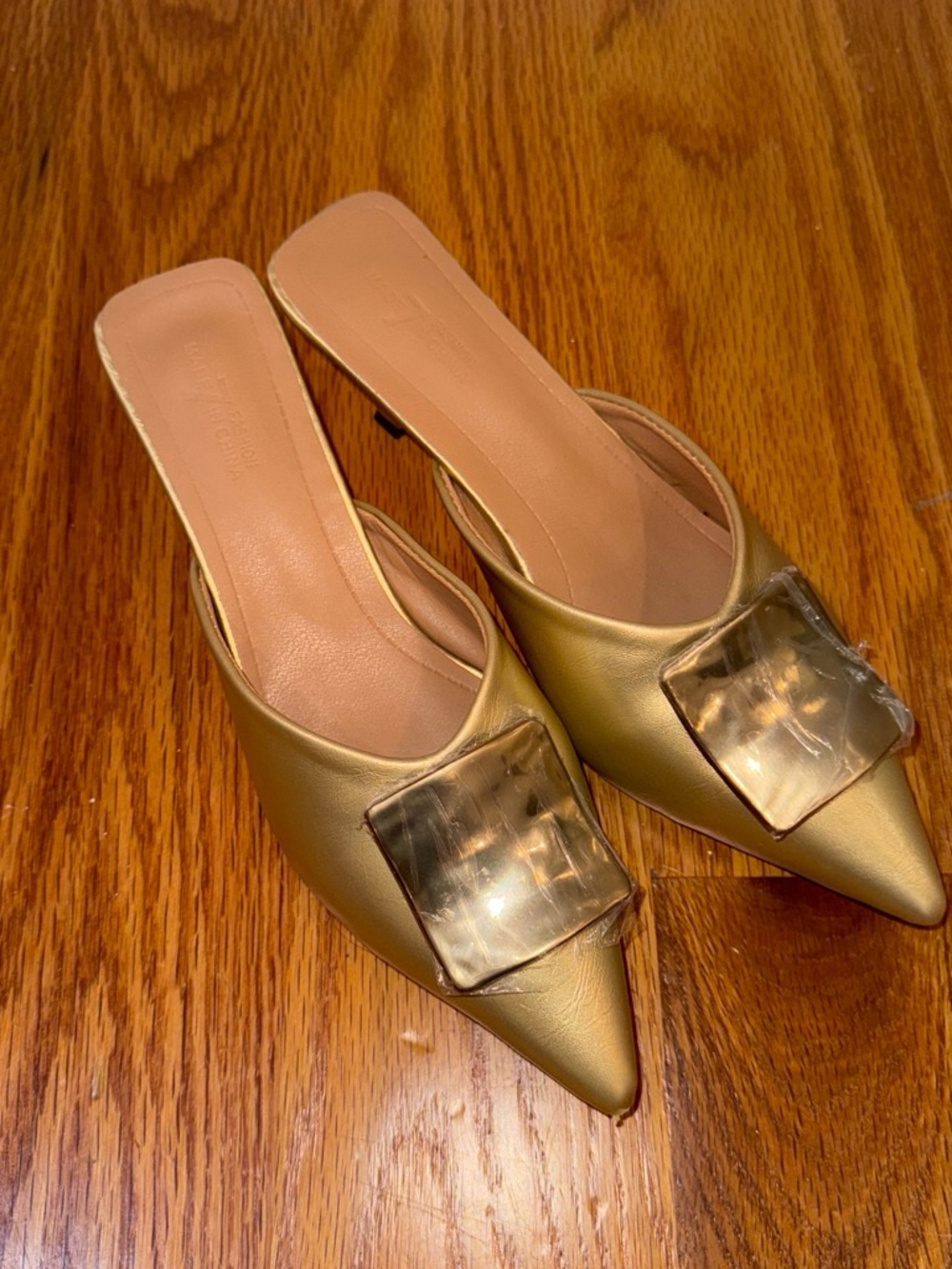 Gold Pointed Toe Mule with Decorative Buckle - Women Shoes